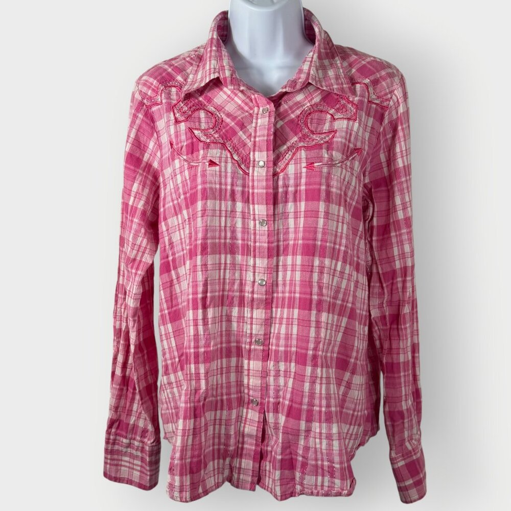 Vtg Womens Rodeo Shirt | L | Pink Pearl Snaps Smile Yoke | Festival Country Glam